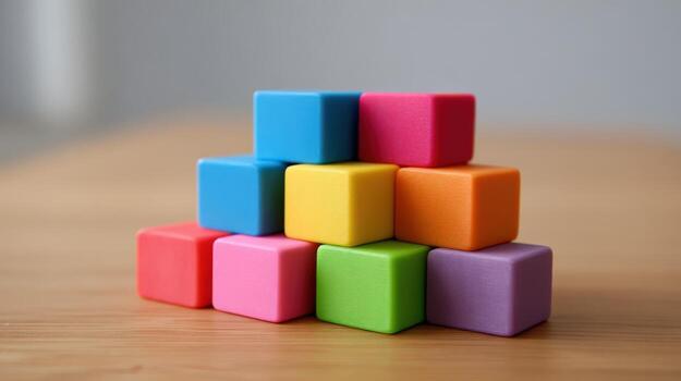 Colorful Cube Stack Playful Arrangement of Multicolored Blocks on Wooden Surface, Demonstrating Creativity and Learning Concepts photo
