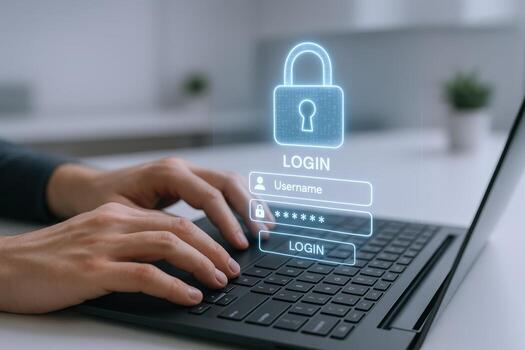 Hands Typing on Laptop with Digital Security Interface Overlay for Secure Online Access photo