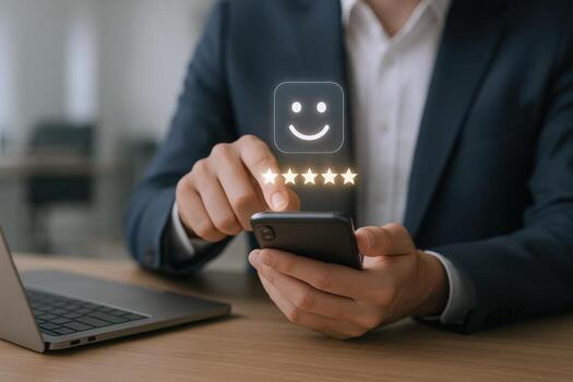 Customer Feedback Man Giving Five-Star Rating on Smartphone for Excellent Service and Satisfaction photo