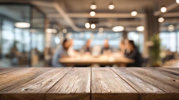 Rustic Wooden Table with Blurred Modern Office Background and Meeting in Progress, Suitable for Product Mockup photo