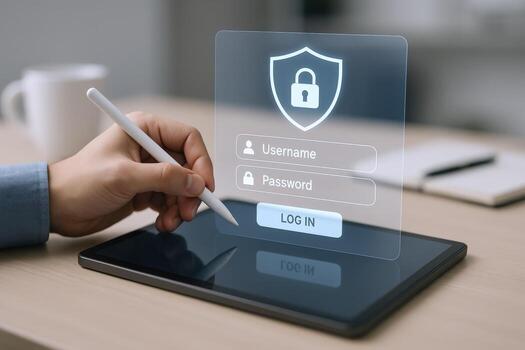 Secure Digital Login Hand with Stylus Entering Credentials on Tablet for Data Protection photo