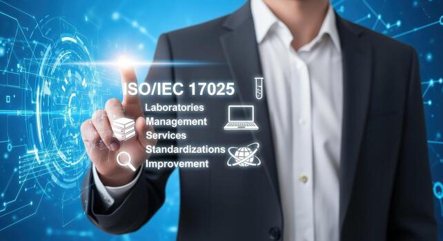 ISOIEC 17025 Compliance Concept Businessman Interacting with Digital Interface for Laboratories, Management, Services, and Improvement photo