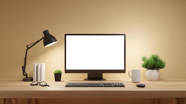 Minimalist Home Office Setup with Blank Computer Screen and Desk Accessories for Mockup photo