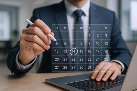 Businessman Planning and Scheduling Tasks on a Calendar Interface, Managing Time and Appointments photo