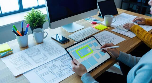UIUX designers collaborating on a mobile application wireframe using a digital tablet and computer screen photo