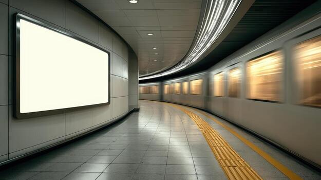 Subway Station Platform with Blank Billboard and Passing Train, Modern Urban Commute Advertising Space photo