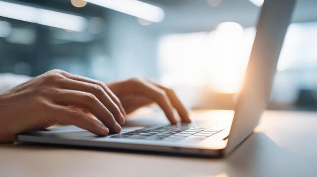 manos mecanografía en ordenador portátil teclado en brillante oficina ambiente, atención en dedos, moderno tecnología foto