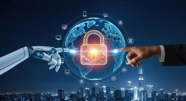 Cybersecurity Innovation Robot Hand and Human Hand Protecting Global Data with Digital Padlock over Cityscape photo