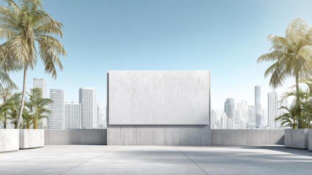 Billboard Mockup on Rooftop Terrace with Palm Trees and City Skyline in Background, Ideal for Advertising photo