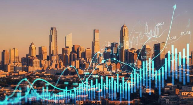 paisaje urbano financiero crecimiento hacia arriba tendencia visualización con bar gráfico cubrir y horizonte perspectiva para negocio éxito foto