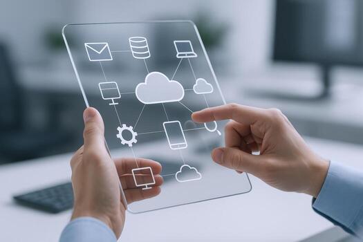 Cloud Computing on Transparent Tablet Conceptual Illustration of Modern Technology, Data Storage and Global Connectivity photo