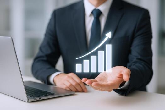 Business Growth Concept Man Presents Ascending Bar Chart with Arrow, Symbolizing Success and Market Progress photo