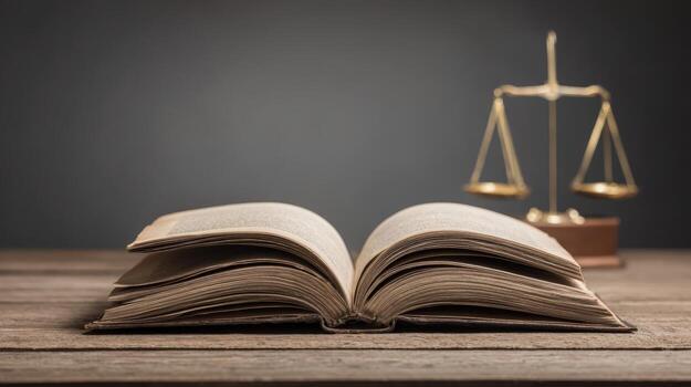 Law Book Open on a Wooden Desk with Scales of Justice in the Background photo