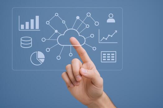 Cloud Computing Interface with Hand Pointing on Digital Screen for Business Data Visualization and Analytics photo