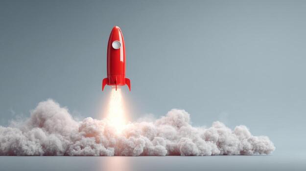 rojo cohete lanzamiento con fumar camino, representando puesta en marcha, innovación, éxito, y espacio exploración concepto foto