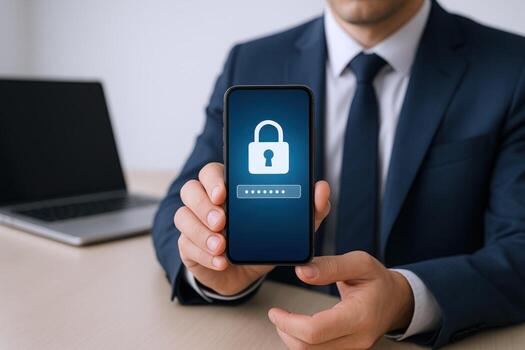 Businessman Displays Mobile Phone Screen With Lock Icon, Representing Data Protection And Cybersecurity Measures photo