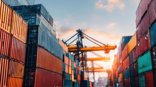 Shipping Containers Stacked at Port Terminal with Gantry Cranes, Representing Global Trade and Logistics Industry photo
