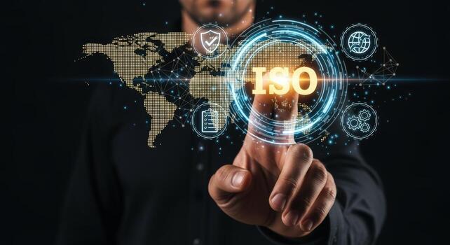 Man Interacting with ISO Hologram Overlay Displaying Quality Management and Global Compliance Certification Standards photo