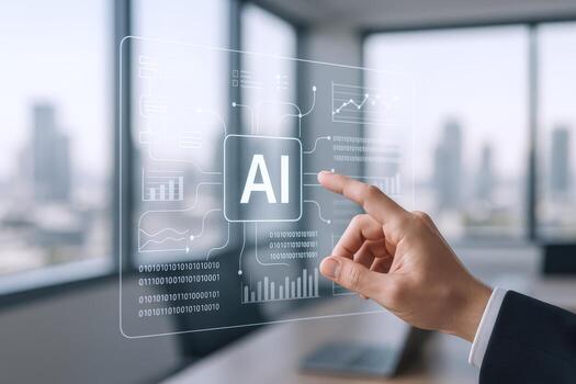 Artificial Intelligence Interface Hand Touching Digital AI Display with Data Analytics in Office Setting photo