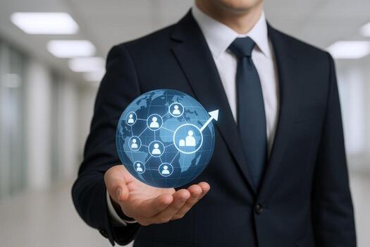 Businessman Presents Global Network Concept with User Icons and Arrow in Hand photo