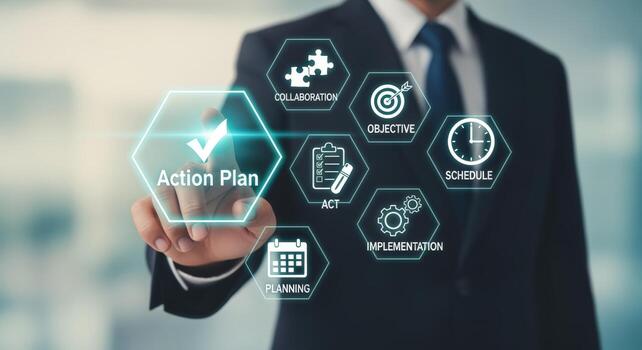 Businessman Interacting with Action Plan Hologram Strategy, Collaboration, Objectives, Planning, Implementation and Scheduling in Business photo