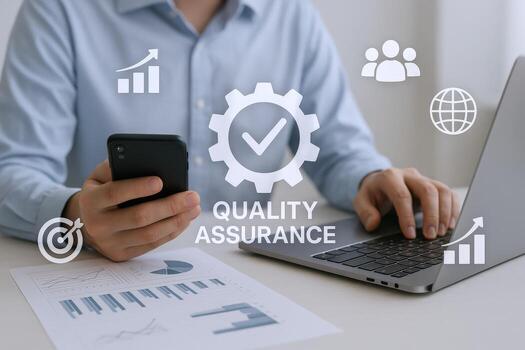 Quality Assurance Concept Businessman Working with Laptop and Smartphone Checking and Managing Processes photo