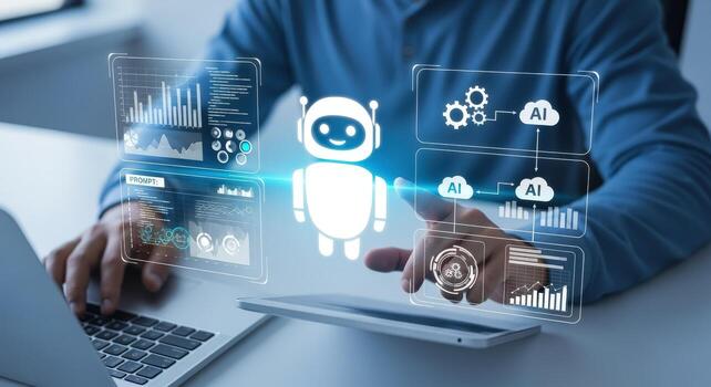 AI-Powered Automation Man Interacting with Virtual Assistant for Data Analysis and Digital Transformation on Glass Panel photo