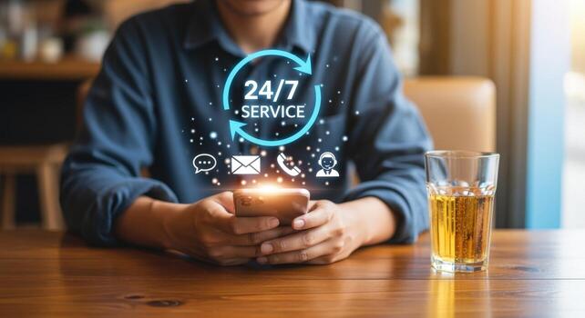 hombre usos teléfono inteligente para 247 Servicio con en línea comunicación iconos, demostrando cliente apoyo y tecnología foto