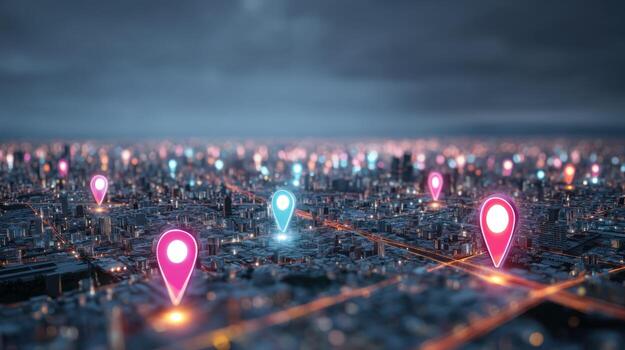 Cityscape with Location Pin Markers Urban Connectivity and Navigation Technology, Network Infrastructure Visualization photo
