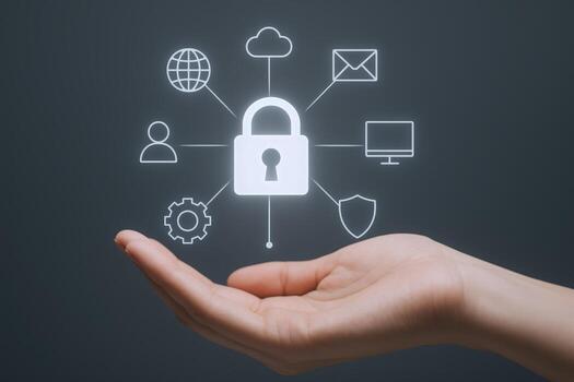 Cybersecurity Protection Concept Hand Holding Digital Padlock Surrounded by Data Icons, Illustrating Internet Security and Privacy photo