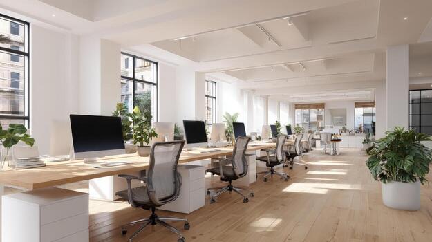 Modern Open Office Space with Desks, Chairs, Computers, and Natural Light for Enhanced Productivity and Collaboration photo