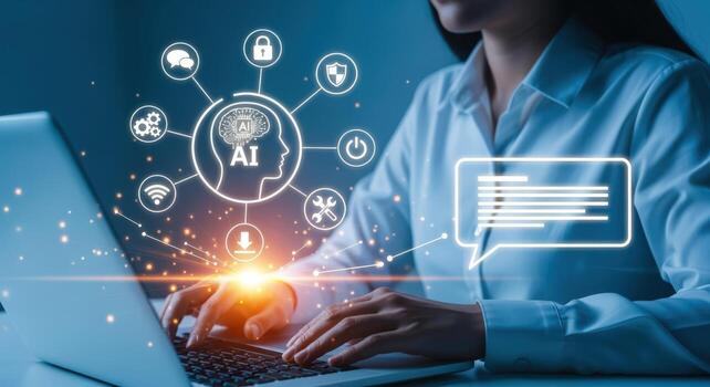 ai integración en negocio hembra profesional utilizando artificial inteligencia para mejorado productividad y innovación foto