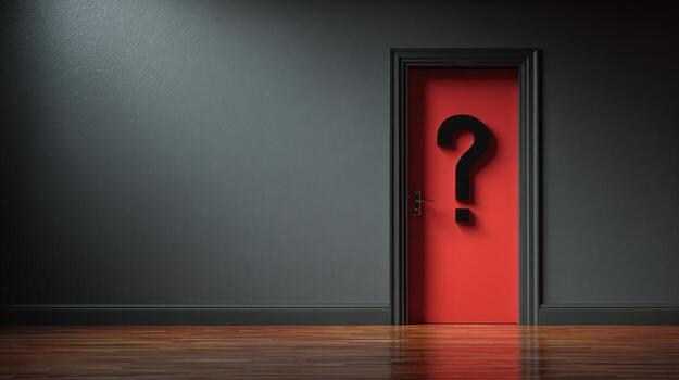Uncertainty Ahead Red Door with Question Mark Symbolizing Choice, Opportunity, and Future Decisions in Business photo
