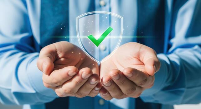 Hands Presenting Shield with Check Mark Symbolizing Security, Protection, and Verification in Digital Era photo