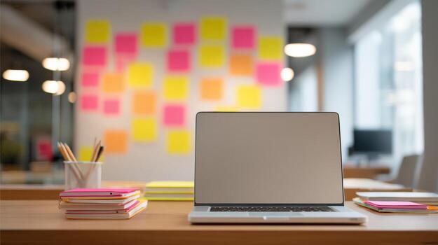 Workspace with Laptop and Sticky Notes Modern Office Environment for Creative Professionals photo