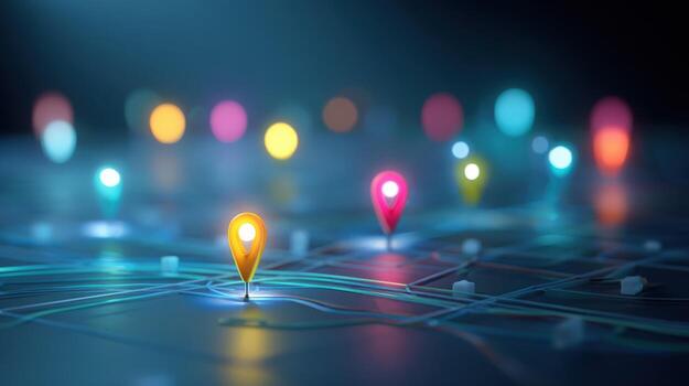 Location Pins on Abstract Map Global Network Connection, Navigation Technology, and Worldwide Business photo