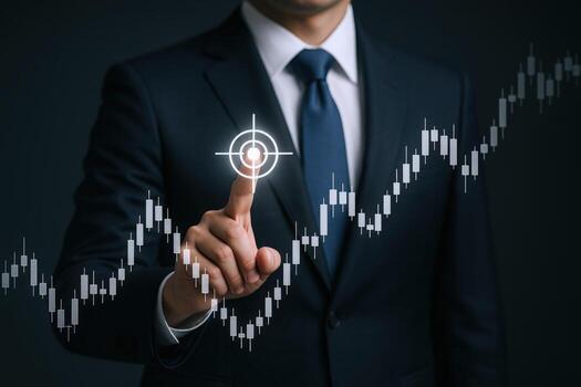 Investment Strategy Visual Businessman Interacting with Candlestick Chart and Target Overlay for Financial Growth photo