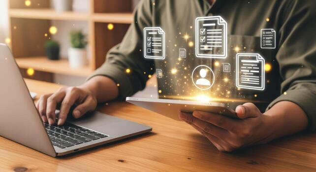 Digital Document Management Man Using Laptop and Tablet with Floating File Icons Displayed photo