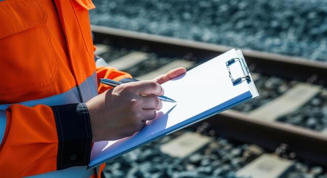 Railway Inspector Examining Tracks with Clipboard, Performing Safety Audit for Infrastructure Maintenance and Quality Control photo