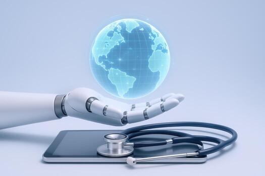 Robotic Hand Holding Digital Globe with Stethoscope and Tablet for Global Healthcare Solutions photo