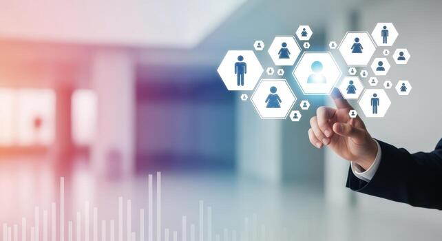 Human Resources Digitalization Finger Touching Interface Showing Employee Network in a Modern Office photo