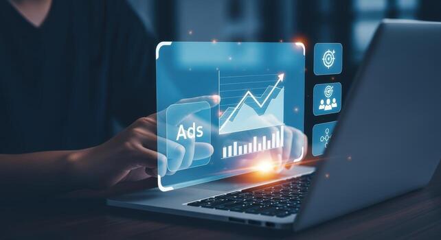 Digital Marketing Strategy and Growth Man Analyzing Data on Laptop with Holographic Display of Analytics photo