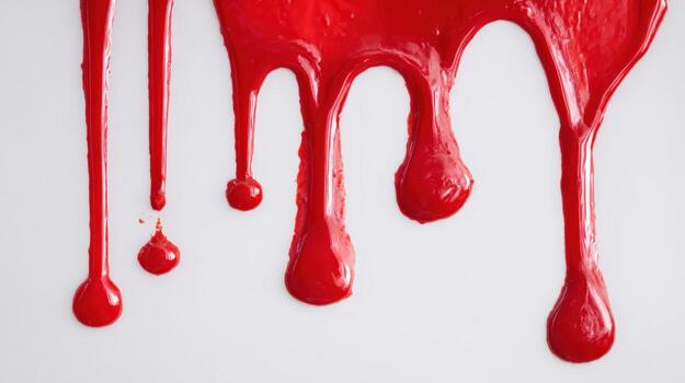 Bright Red Fluid Dripping Down, Abstract Viscous Liquid, Paint Splatter Effect on White Background photo