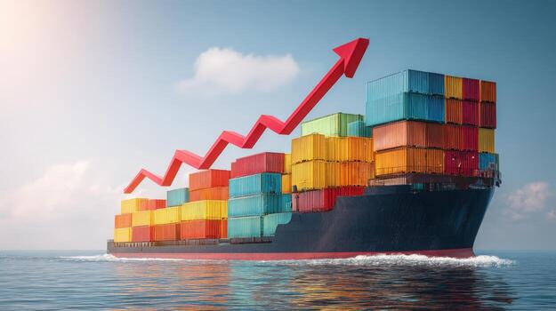 Cargo Ship with Arrow Symbolizing Rising Export and Import Rates, Growth in Global Trade photo