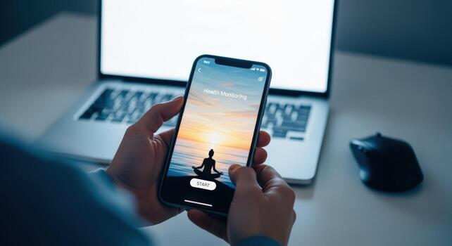 Hands Holding Smartphone Displaying Meditation App, Laptop and Mouse on Desk, Promoting Wellness and Mindfulness photo