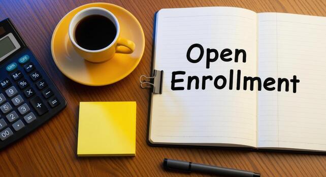 Open Enrollment Reminder with Coffee, Calculator, and Notepad on Wooden Desk Top photo