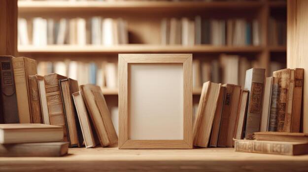 Elegant Wooden Frame Mockup Displayed Among Vintage Books on a Rustic Shelf, Perfect for Presentations photo