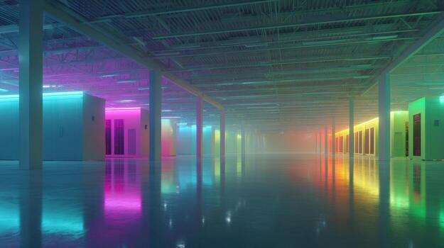 Vibrant Data Center Hallway with Reflections, Modern Infrastructure, and Futuristic Neon Lighting for Technology and Innovation photo