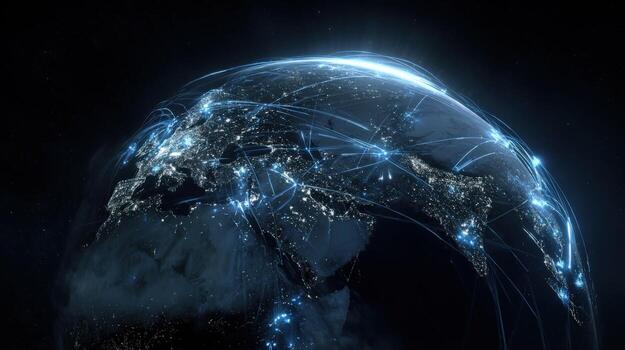 Global Network Connectivity Detailed Earth Rendering with Data Streams and City Lights Visualizing Worldwide Connections photo