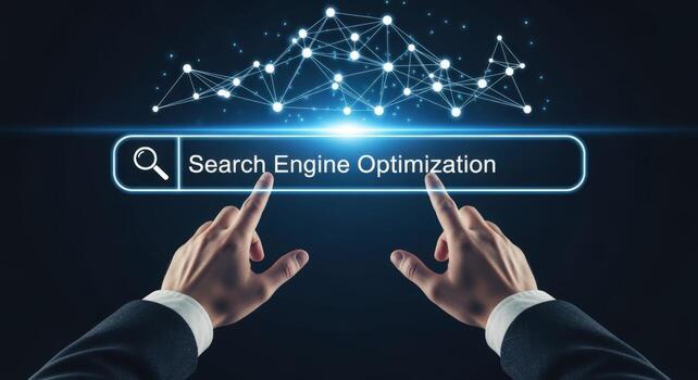 Search Engine Optimization Concept Hands Pointing to SEO Search Bar with Glowing Network photo